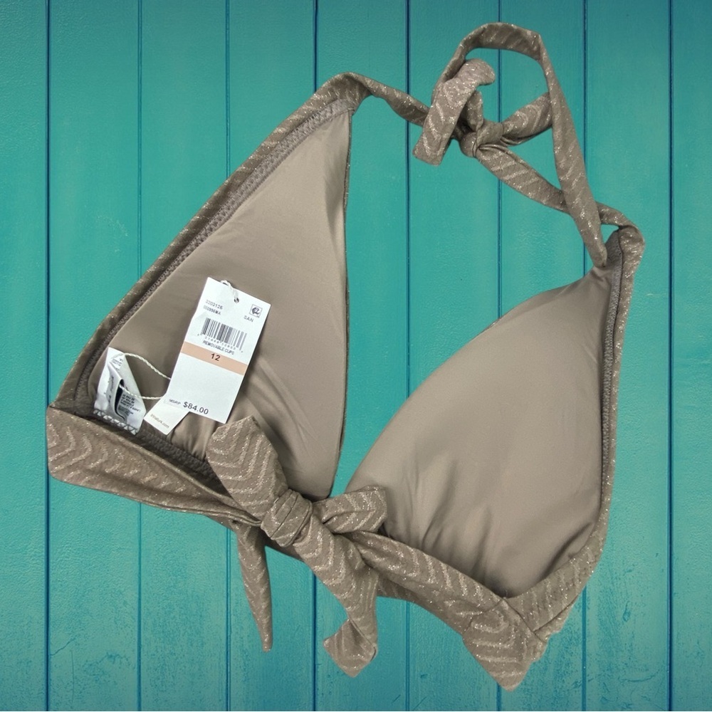 NWT Trina Turk Bronze Lurex Glittery Halter Bikini Top Size 12 - Picture 2 of 9